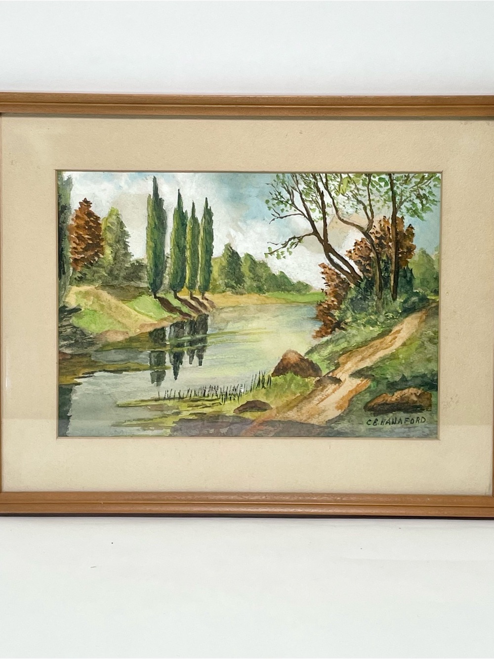 Vtg C.E. Hanaford Watercolor Painting Print Framed Landscape River Stream Art